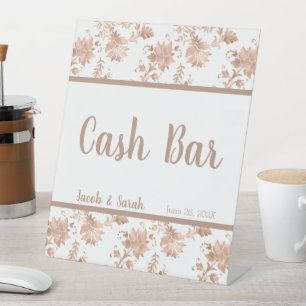 Rose Gold Floral auf White Cash Bar Pedestal Zeich Sockelschild