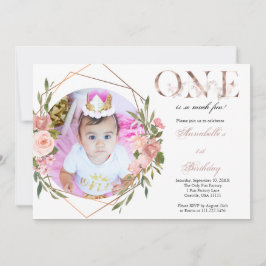 Rose Gold Floral Baby Girl 1. Geburtstag Einladung