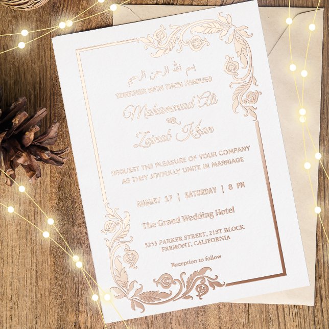 Rose Gold Floral Border Islamische Hochzeit Einlad Folieneinladung (Von Creator hochgeladen)