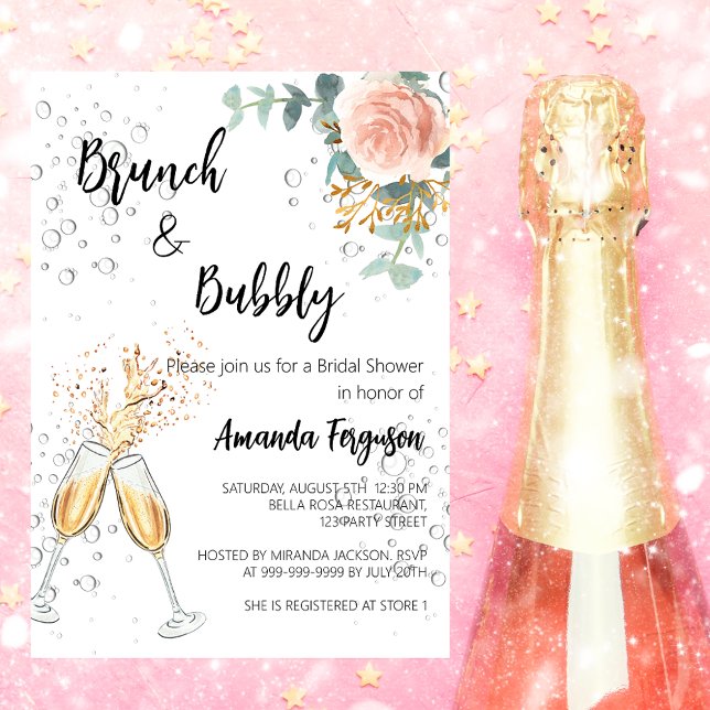 Rose Gold Floral Brunch Bubbly Brautparty Einladungspostkarte (Von Creator hochgeladen)