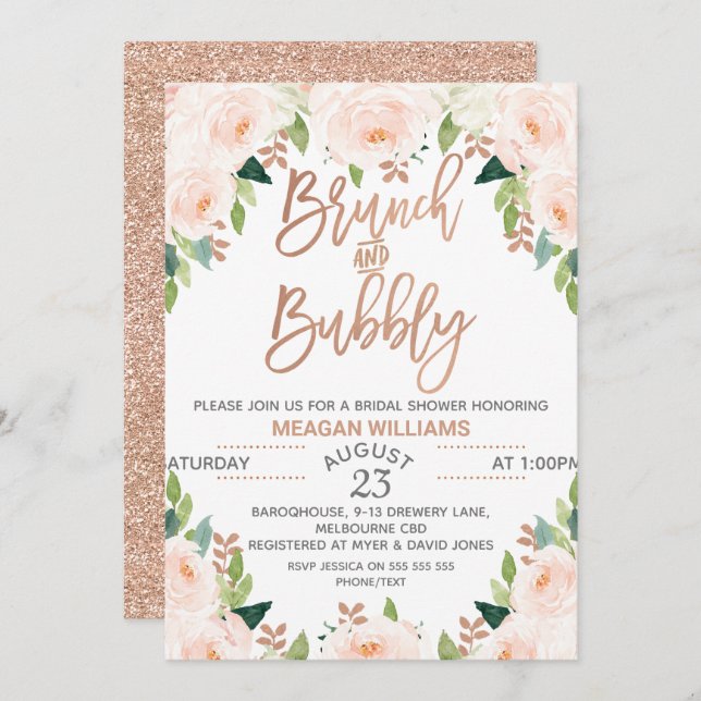 Rose Gold Floral Brunch Bubbly Bridal Einladung (Vorne/Hinten)