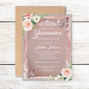 Rose Gold Floral Butterfly Quinceanera Einladung