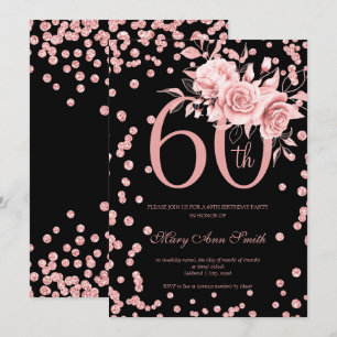 Rose Gold Floral & Confetti 60. Geburtstag Schwarz Einladung