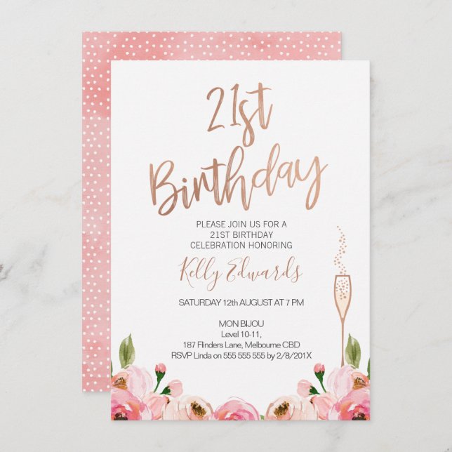 Rose Gold Floral Einladung zum 21. Geburtstag (Vorne/Hinten)