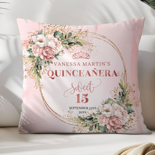 Rose Gold Floral Eucalyptus Quinceañera Gift Kissen (Rose Gold Floral Eucalyptus Quinceañera Pillow Gift)
