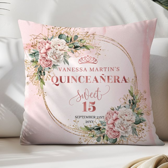 Rose Gold Floral Eucalyptus Quinceañera Gift Kissen (Rose Gold Floral Eucalyptus Quinceañera Pillow Gift)