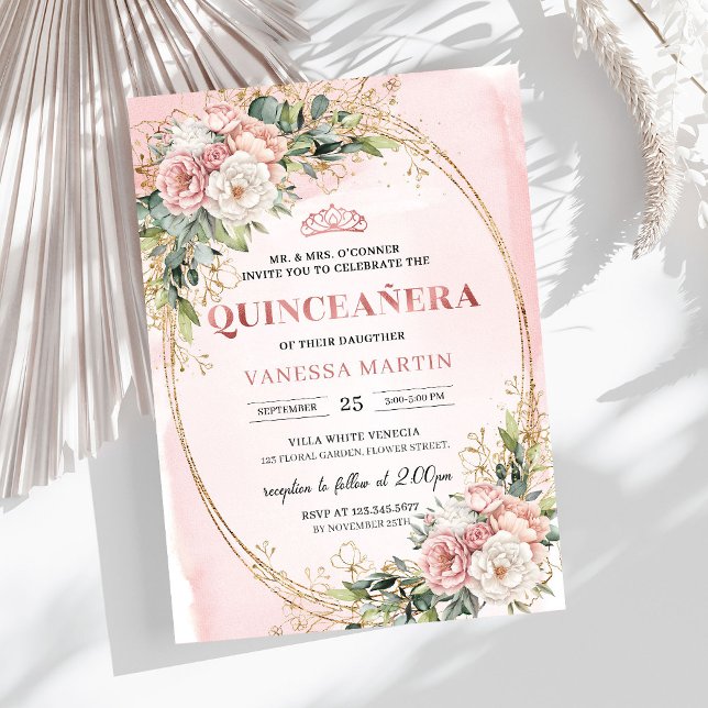 Rose Gold Floral Eucalyptus Quinceañera Invitation Einladung (Rose Gold Floral Eucalyptus Quinceañera Invitation)