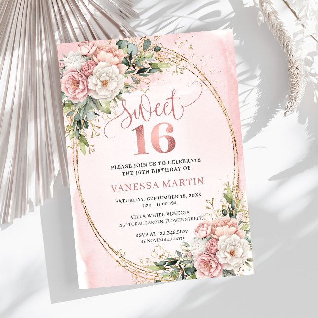 Rose Gold Floral Eucalyptus Sweet Sixteen Invite Einladung (Elegant Rose Gold Floral Eucalyptus Sweet Sixteen Invitation

)