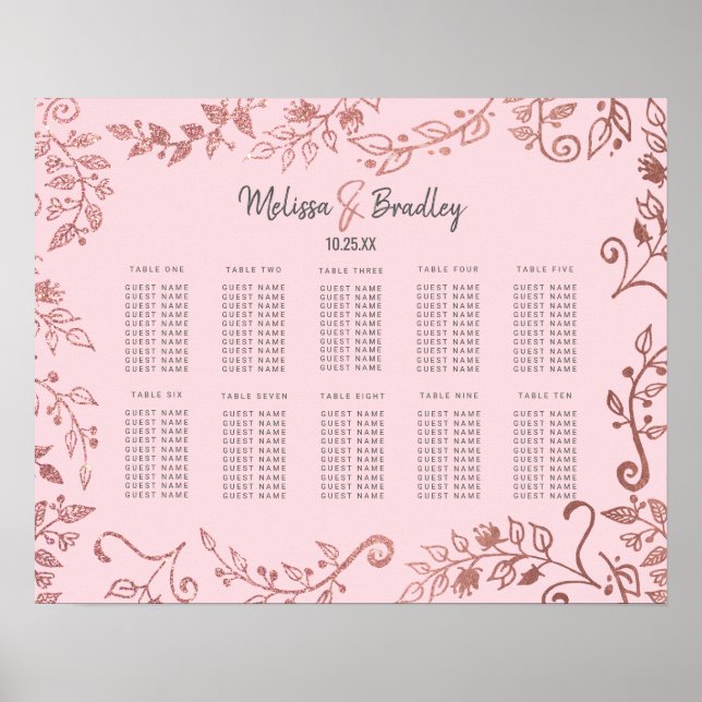 Rose Gold Floral Glitzer Ombre Rosa Sitzplan Poster (Vorne)