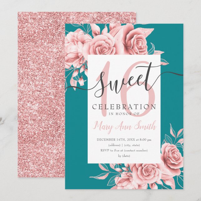 Rose Gold Floral & Glitzer Sweet 16 Script Aquamar Einladung (Vorne/Hinten)