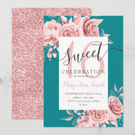 Rose Gold Floral & Glitzer Sweet 16 Script Aquamar Einladung