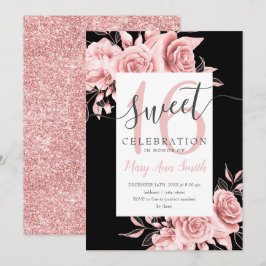 Rose Gold Floral & Glitzer Sweet 16 Script Black Einladung
