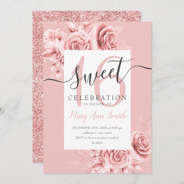 Rose Gold Floral & Glitzer Sweet 16 Script Blush Einladung (Vorne/Hinten)