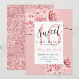 Rose Gold Floral & Glitzer Sweet 16 Script Blush Einladung
