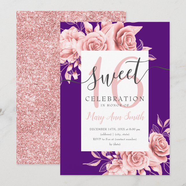 Rose Gold Floral & Glitzer Sweet 16 Script Lila Einladung (Vorne/Hinten)