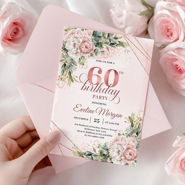 Rose Gold Floral Gold Frame 60th Birthday Invite Einladung (Rose Gold Floral Gold Frame 60th Birthday Invitation)