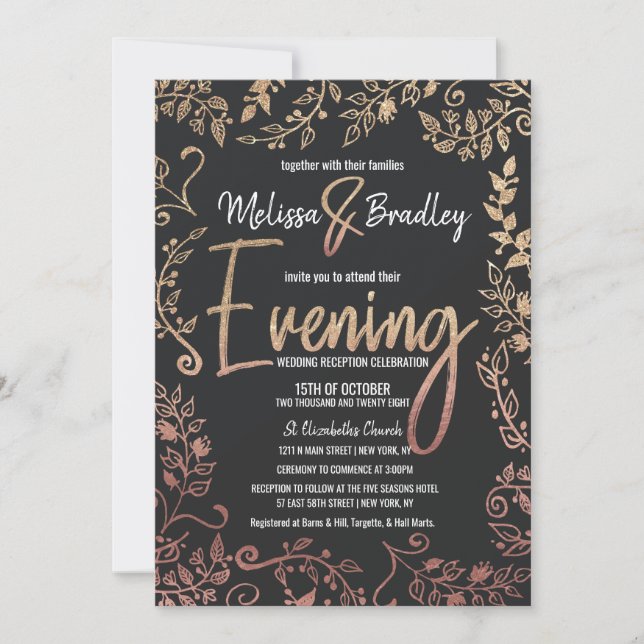 Rose Gold Floral Gold Glitzer Ombre Abend Einladung (Vorderseite)