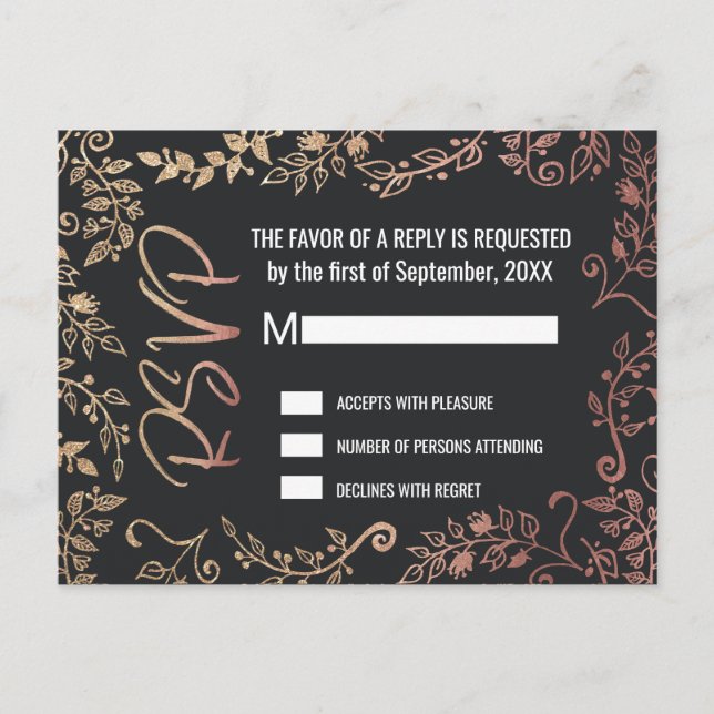 Rose Gold Floral Gold Glitzer Ombre RSVPs Einladungspostkarte (Vorderseite)