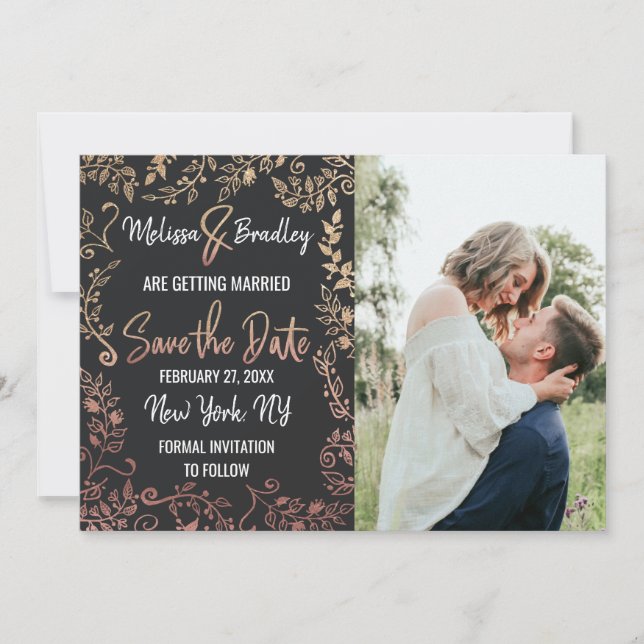 Rose Gold Floral Gold Glitzer Ombre Save the Date Einladung (Vorderseite)