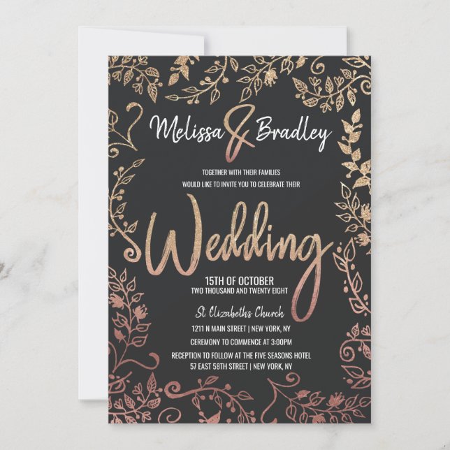 Rose Gold Floral Gold Glitzer Ombre Wedding Einladung (Vorderseite)