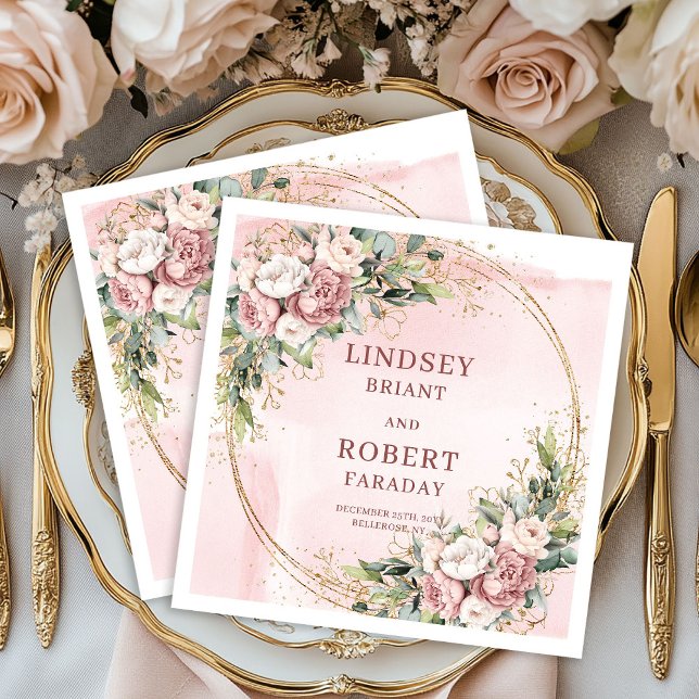 Rose Gold Floral Greenery Gold Glitter Wedding  Serviette (Rose Gold Floral Greenery Gold Glitter Wedding Napkins)
