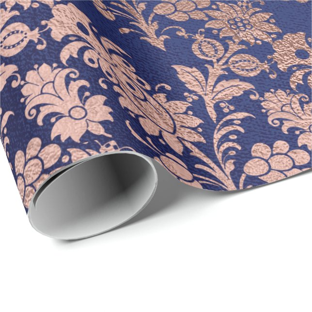 Rose Gold Floral Hütte Marine Damask Antonietta Geschenkpapier (Rolleneckpunkt)