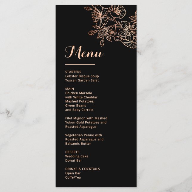 Rose Gold Floral Line Art Black Wedding Menükarte (Vorderseite)