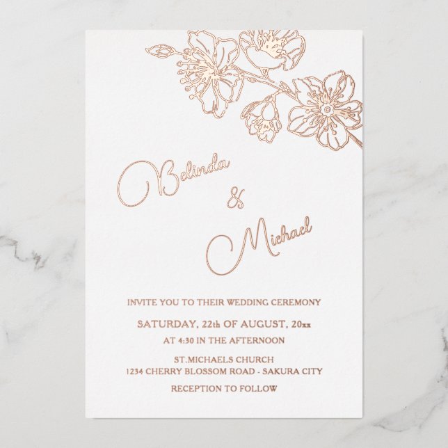 Rose Gold Floral Line Art | Photo Wedding Folieneinladung (Vorderseite)