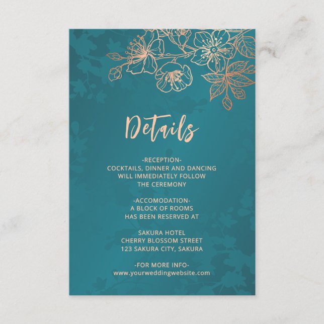 Rose Gold Floral Line Art Teal Wedding Begleitkarte (Vorderseite)