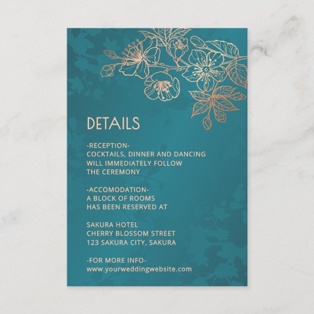 Rose Gold Floral Line Art Teal Wedding Begleitkarte (Vorderseite)