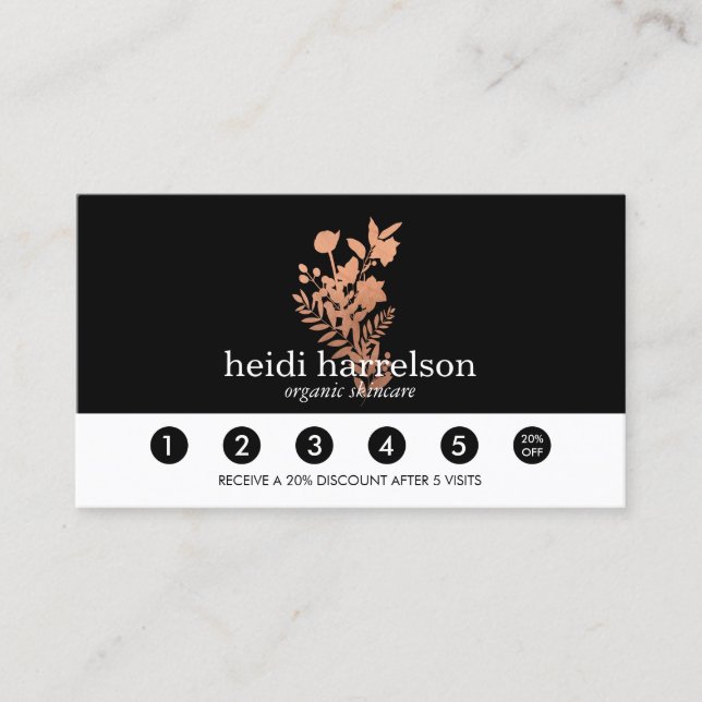 Rose Gold Floral Logo auf der Black Loyalty Card Treuekarte (Vorderseite)