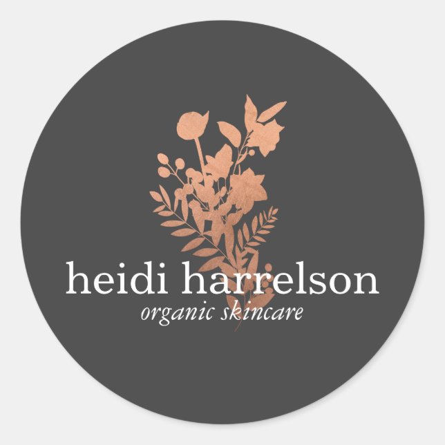 Rose Gold Floral Logo auf Dunkelgrau Runder Aufkleber (Vorderseite)