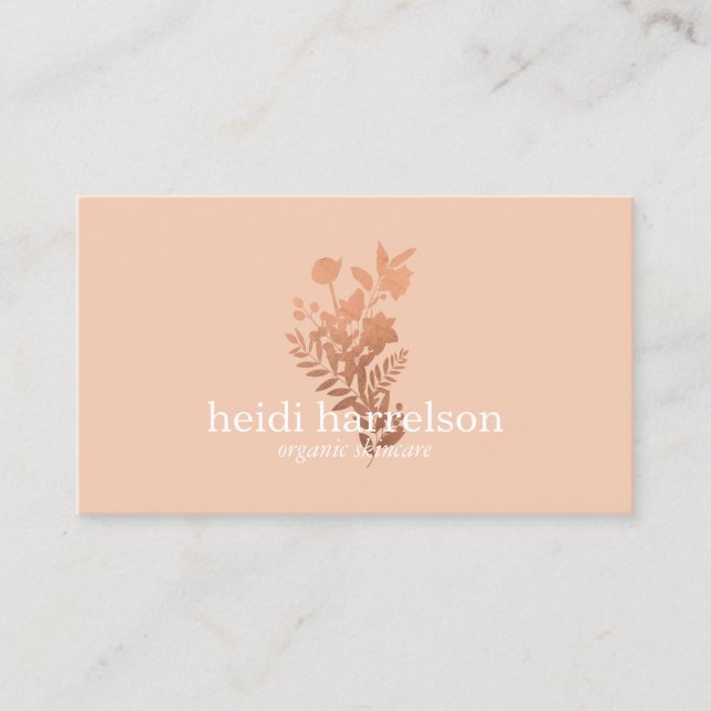 Rose Gold Floral Logo auf Peach Visitenkarte (Vorderseite)