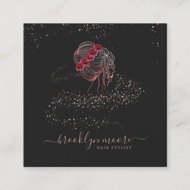 Rose Gold Floral Logo Hair Stylist | elegant Quadratische Visitenkarte