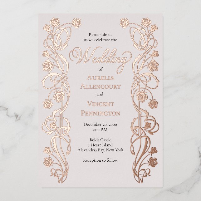 Rose Gold Floral Messe Hochzeit Folieneinladung (Vorderseite)