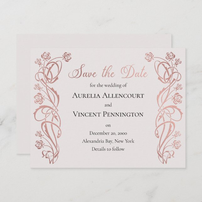 Rose Gold Floral Messe Hochzeit Save The Date (Vorne/Hinten)