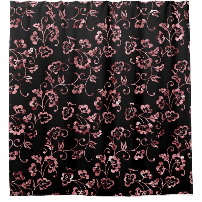 Rose Gold Floral Muster auf Schwarz Duschvorhang (Vorderseite)