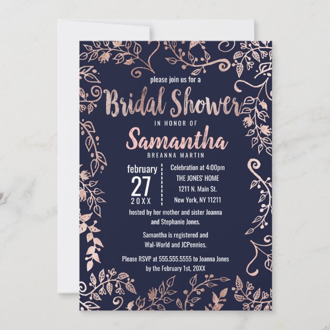 Rose Gold Floral Navy Blue Brush Brautparty Einladung (Vorderseite)