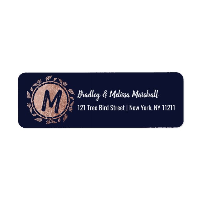 Rose Gold Floral Navy Blue Brush Script-Adresse (Vorne)