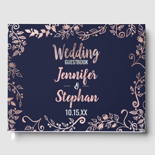 Rose Gold Floral Navy Blue Brush Script Gästebuch (Vorderseite)