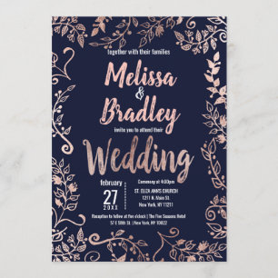 Rose Gold Floral Navy Blue Brush Script Hochzeit Einladung