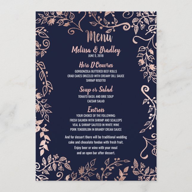 Rose Gold Floral Navy Blue Brush Script Menü Menükarte (Vorderseite)