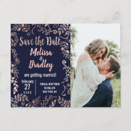 Rose Gold Floral Navy Blue Brush Script Rett Date Ankündigungspostkarte