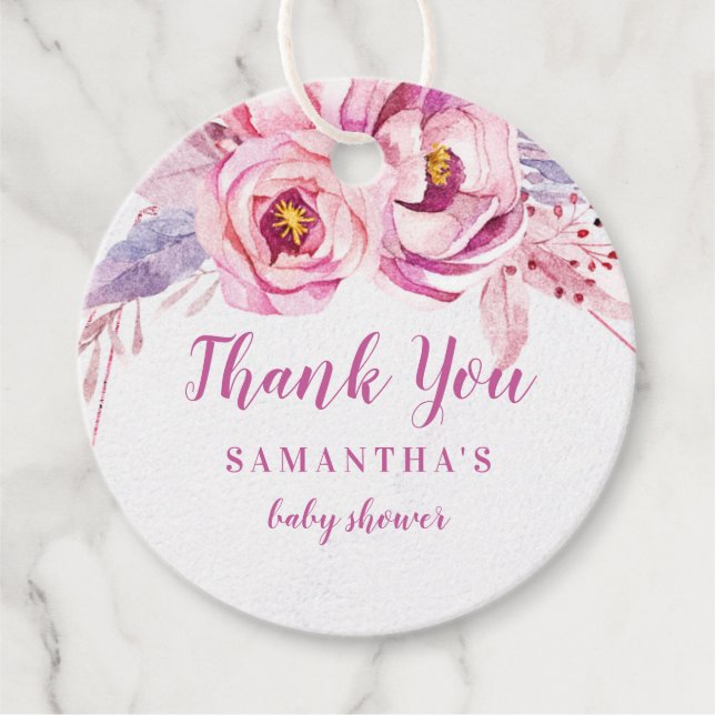 Rose Gold Floral Pink Lila Baby Girl Babydusche Geschenkanhänger (Vorderseite)