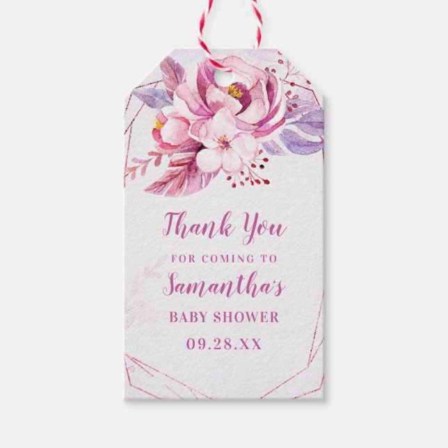 Rose Gold Floral Pink Lila Baby Girl Babydusche Geschenkanhänger (Vorderseite)