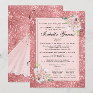 Rose Gold Floral Quinceañera Geburtstag Einladung