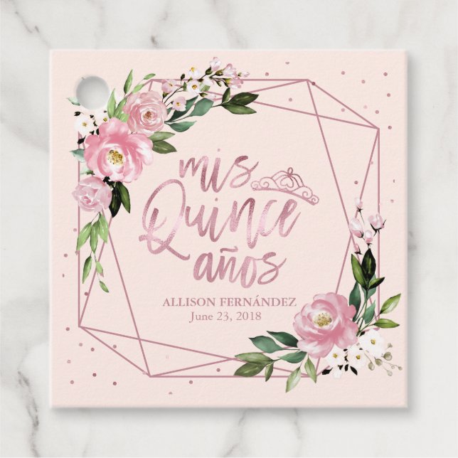 Rose Gold Floral Quinceanera Geschenkanhänger (Vorderseite)