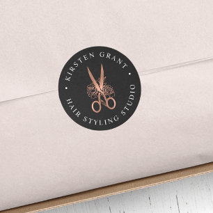 Rose Gold Floral Scissors Logo Runder Aufkleber
