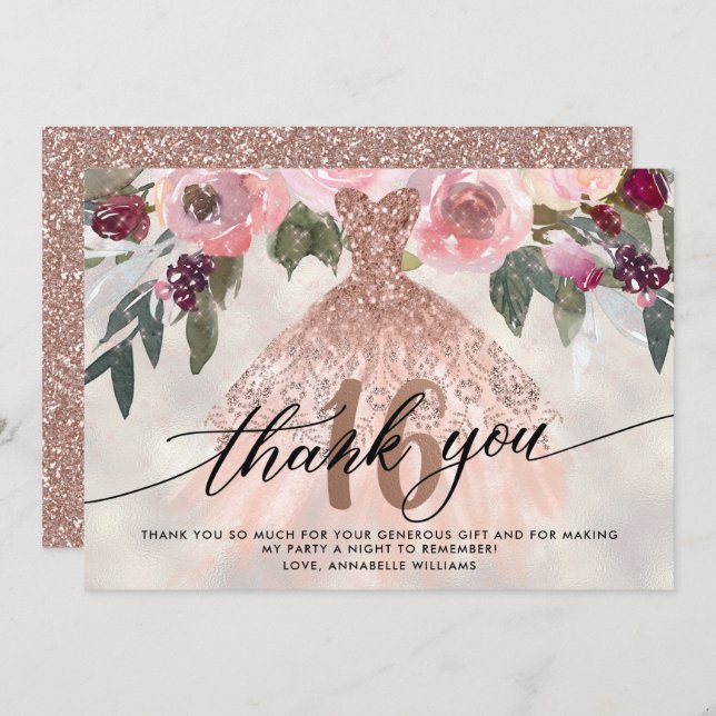 Rose Gold Floral Sweet 16 Danke (Vorne/Hinten)