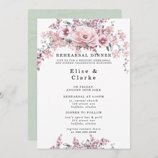 Rose Gold Floral und Eukalyptus Probe Abendessen Einladung (Vorne/Hinten)